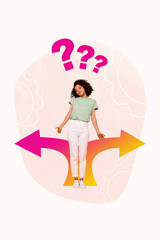 Vertical collage image of mini questioned minded girl shrug shoulders decide choose two ways arrow pointer isolated on white background