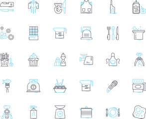 Preparation cookery linear icons set. Chopping, Slicing, Dicing, Grating, Peeling, Blanching, Braising line vector and concept signs. Steaming,Roasting,Broiling outline illustrations