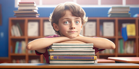 A primary school student leans on books in the classroom - Generative AI
