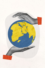 Vertical collage photo poster two arms take care of Earth planet globe symbolizing world day...