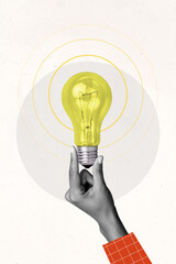 Vertical collage image of black white colors arm fingers hold light bulb isolated on painted white...