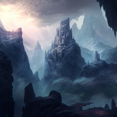 A mystical mountain range shrouded in mist towering, Generative AI