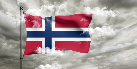 Norway national flag cloth fabric waving on beautiful sky grey Background.