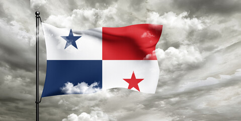 Panama national flag cloth fabric waving on beautiful sky grey Background.