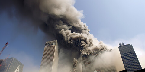 The twin towers collapsing in a devastating tragedy - Generative AI - obrazy, fototapety, plakaty