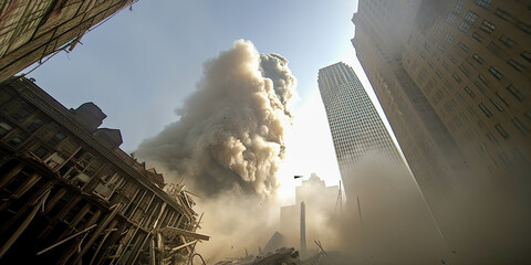 The twin towers collapsing in a devastating tragedy - Generative AI - obrazy, fototapety, plakaty