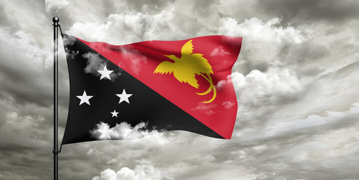 Papua New Guinea national flag cloth fabric waving on beautiful sky grey Background.