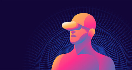 Person wearing virtual reality headset. Abstract VR world with circular neon lines. Vector illustration.