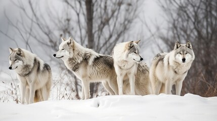 Naklejka premium A group of winter wolf on the snowy weather. Created using generative AI.