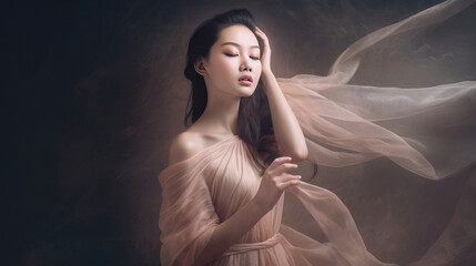 Captivating and Stunning Asian Woman with a Billowing Sheet in Soft Lighting, Generative AI