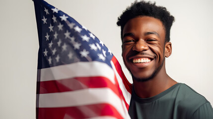 A fictional character. Smiling man holding U.S. flag on Independence Day