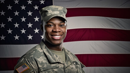 A fictional character.  Smiling U.S. Soldier standing in front of Flag on Independence Day