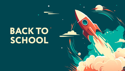 Back to school poster with flying rocket