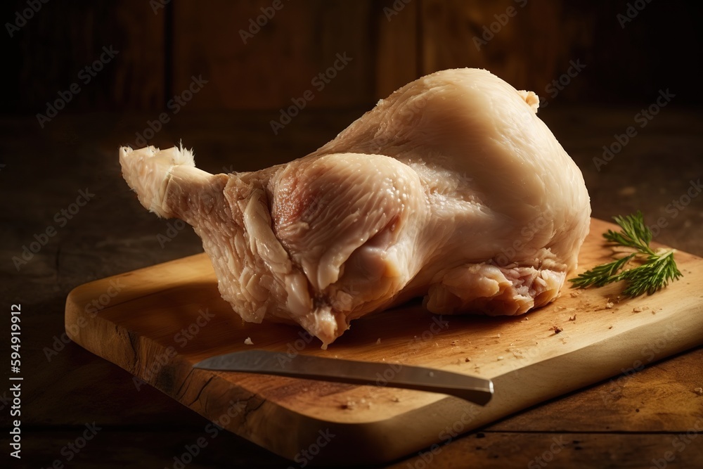 Wall mural Raw chicken drumstick on a wooden board, up close and personal. Generative AI - Wall murals