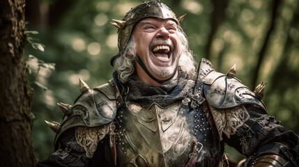 Smiling Happy Older Man in Plate Armor Battle Warrior at Renaissance Fair, Generative AI