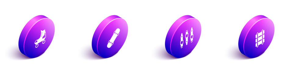 Set Isometric Roller skate, Skateboard, Marker pen and Toy railway icon. Vector