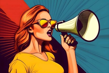 woman with megaphone. Pop art girl with megaphone. Woman with loudspeaker. Advertising poster with lady announcing discount or sale. Generative AI - obrazy, fototapety, plakaty