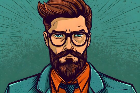 Hipster beard male businessman pop art retro vector illustration. Strong Businessman in glasses in comic style. Success concept. RGB. poster for advertising