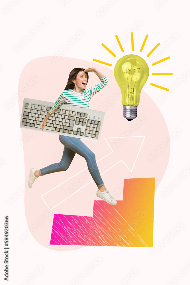 Poster poster banner template collage of inspired happy girl manager working long hours on computer find fi