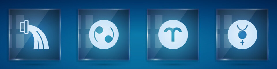 Set Aquarius zodiac, Cancer, Aries and Symbol Mercury. Square glass panels. Vector