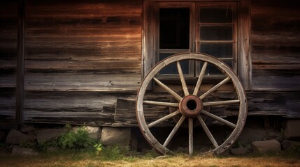 Fototapeta na wymiar An old rusted wagon wheel leaning against a wooden barn