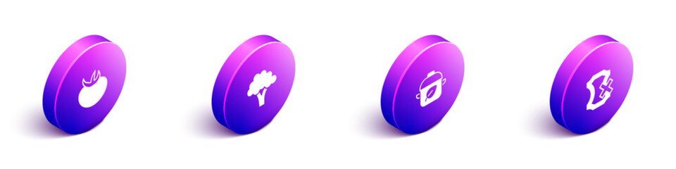 Set Isometric Tomato, Broccoli, Vegan food diet and No leather icon. Vector