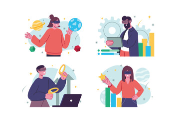 Set concept Metaverse with people scene in the flat cartoon design. People enter the virtual space with the help of digital gadgets and VR glasses. Vector illustration.
