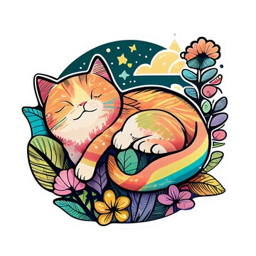 Naklejki happy sleeping cat sticker for t-shirt design. Illustration. Generative AI.