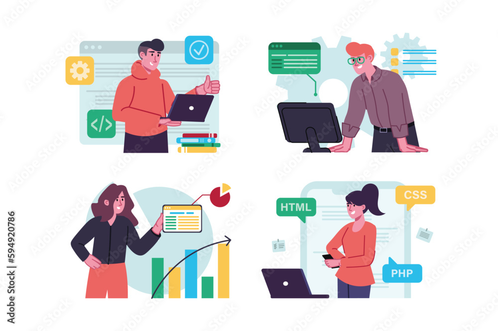 Poster set concept software developers with people scene in the flat cartoon design. team of programmers is