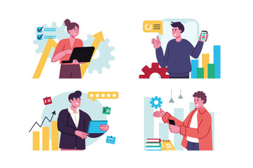 Digital business set concept with people scene in the flat cartoon design. Business people transfer all business matters to the Internet to make it easier to manage processes. Vector illustration.