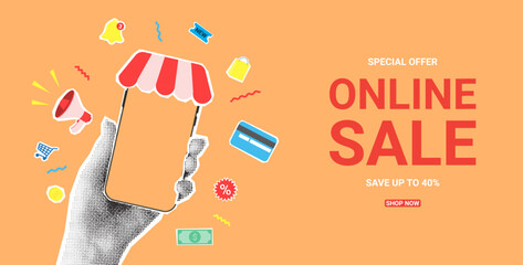 Online sale concept banner. Vector illustration with hand holding phone. Collage with paper cut elements for decoration sale events. Creative trend collage.