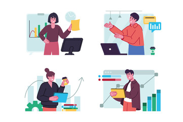 Work flow set concept with people scene in the flat cartoon style. Employees of different companies perform tasks at work. Vector illustration.