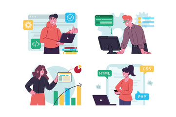 Set concept Software developers with people scene in the flat cartoon design. Team of programmers is working on improving the software. Vector illustration.