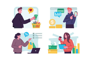 E-commerce set concept with people scene in the flat cartoon style. Girls and boys pay for various goods and services using gadgets and the Internet. Vector illustration.