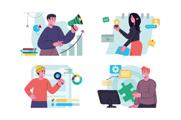 Digital marketing set concept with people scene in the flat cartoon design. Marketers work online, transferring their work to the Internet. Vector illustration.