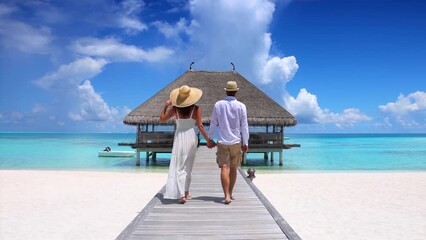 A happy holiday couple in white summer clothing walks down a wooden pier in the Maldives islands, Indian Ocean - Powered by Adobe