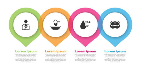 Set Man in the sauna, Honey dipper stick with bowl, Water temperature and Bar of soap. Business infographic template. Vector