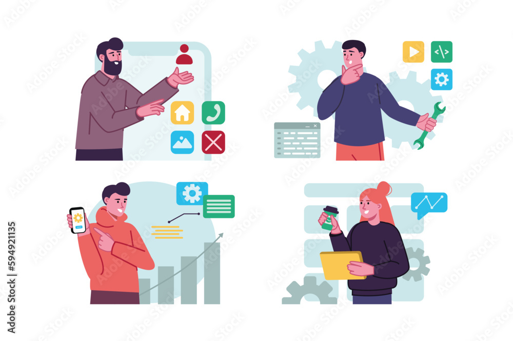 Poster app development set concept with people scene in the flat cartoon design. developers discuss various