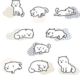 Colorful cartoon cats set. Simple modern geometric pattern flat style vector illustration in Japanese style. Cute clip art kitty doodle set, funny vector icons. Hand drawn sketch style cat characters 