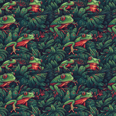 Red-eyed tree frogs in rain forest. AI generative illustration.