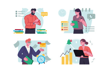 Fototapeta na wymiar Deadline set concept with people scene in the flat cartoon style. Company employees try to complete all assigned tasks before the deadline. Vector illustration.