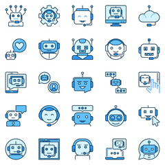 Chatbot blue icons set. AI Cute Chatbots Robots signs collection