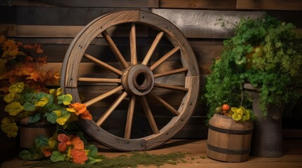 Fototapeta na wymiar Rustic wooden wagon wheel