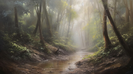 Naklejka premium A peaceful forest grove shrouded in mist tall tree, Generative AI