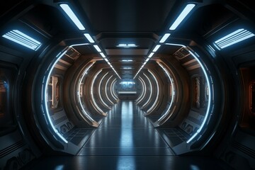 3D Rendering Of Realistic Round Sci-Fi Corridor With Lights. Generative AI