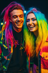 Obraz premium Colorful Joy: A Vibrant Collection of People Celebrating Life in Rainbow Hues, Enhanced by Generative AI Art, Including Children and Pets, Generative AI, Generativ, KI