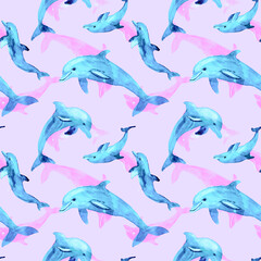 Seamless watercolor pattern with blue dolphins. Ocean friendly animal background. Modern Textile print with hand drawn dolphin, water splashes, drops. Design for covers, fabric, wrapping paper, decor.