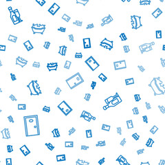 Set line Hotel door, Champagne bottle with glass and Bathtub on seamless pattern. Vector