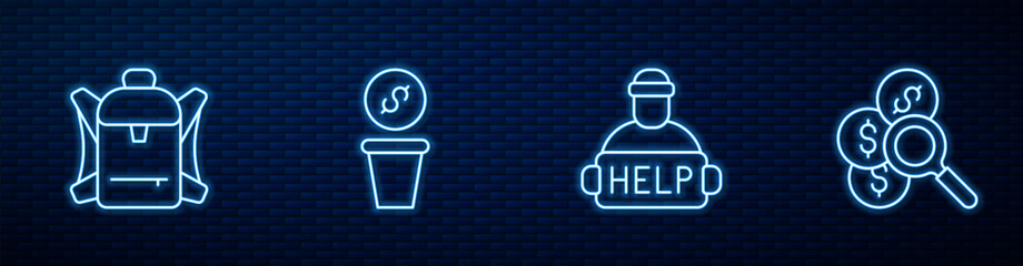 Set line Help homeless, Hiking backpack, Donation money and Search for. Glowing neon icon on brick wall. Vector