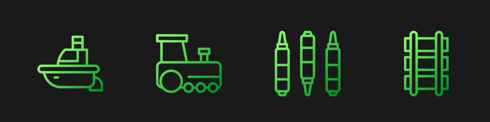 Set line Marker pen, Toy boat, train and railway. Gradient color icons. Vector